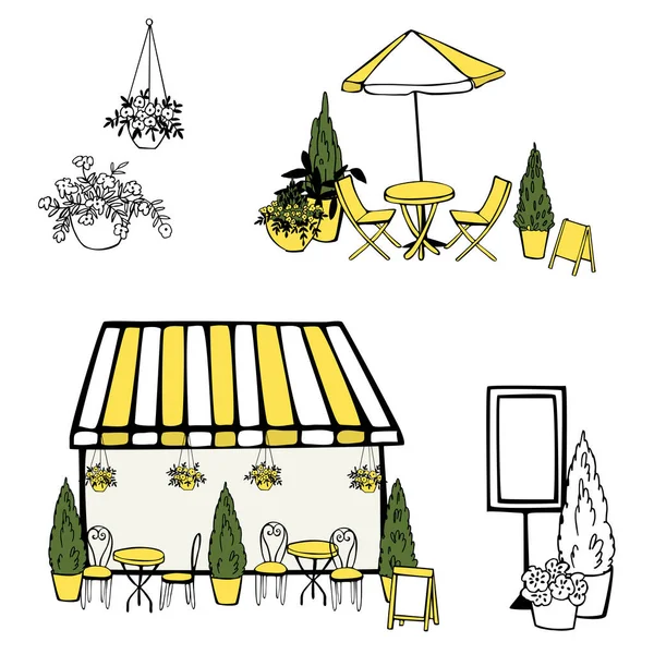 Street Cafe Set Umbrellas Plants Vector Sketch Illustration — Stock Vector