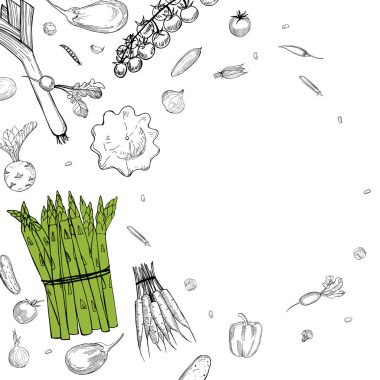 Elle çizilmiş sebzeli vektör arkaplan. Çizim çizimi.  
