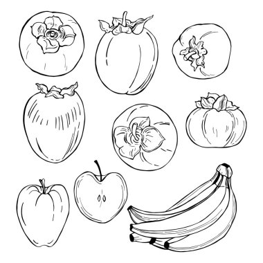 Beyaz arka planda el yapımı meyveler. Hurma, elma, muz. Vektör çizimi çizimi.