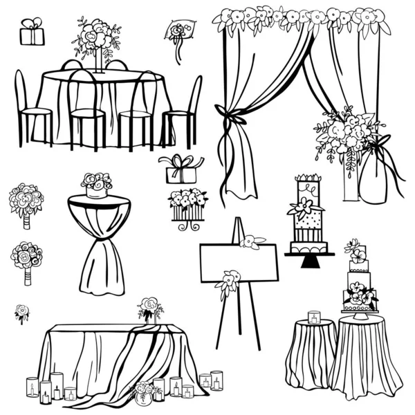 Hochzeitsset Vorhanden Blumen Kuchen Tischdekoration Brautstrauß Vektorskizze Als Illustration — Stockvektor