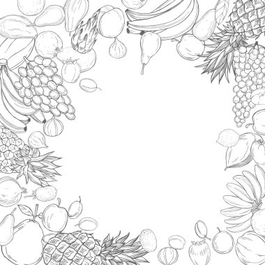 Beyaz arka planda elle çizilmiş meyveler. Vektör çizimi çizimi.