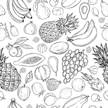 Beyaz arka planda elle çizilmiş meyveler. Vektörsüz desen.