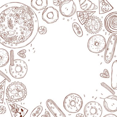 Fırın ürünleri arka planı. Kurabiyeler, kekler, kekler. Vektör çizimi çizimi.