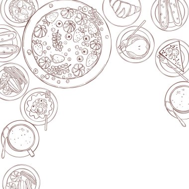 Fırın ürünleri arka planı. Kurabiyeler, kekler, kekler. Vektör çizimi çizimi.