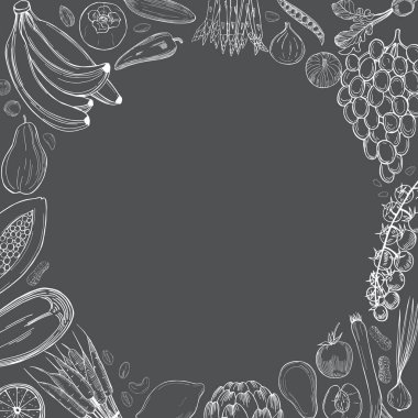 Elle çizilmiş sebze, meyve ve fındıklı vektör arkaplan. Vejetaryen yemeği. Çizim çizimi.