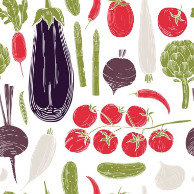 Beyaz arka planda elle çizilmiş sebzelerle vektörsüz desen. 