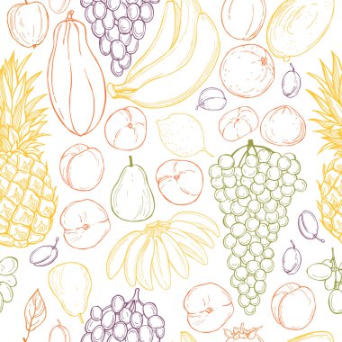 Beyaz arka planda elle çizilmiş meyveler. Vektörsüz desen.