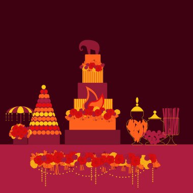 Filli düğün pastası. Tatlı masası. Çikolata. Vektör illüstrasyonu.