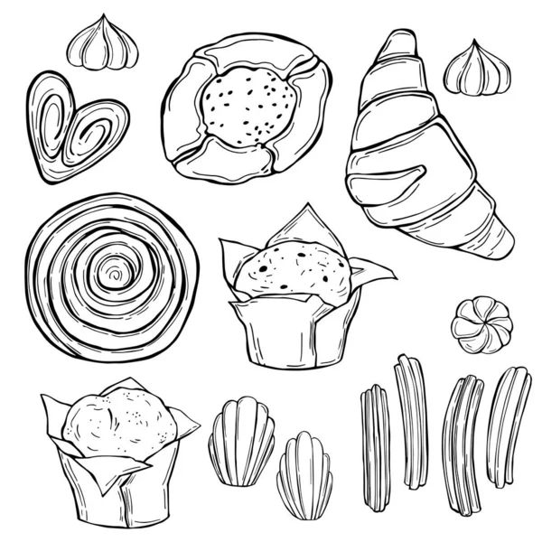 Produtos Padaria Cookies Muffins Vector Desenho Ilustração — Vetor de Stock