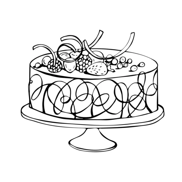 Handgemachter Kuchen Mit Beeren Vektorskizze Als Illustration — Stockvektor