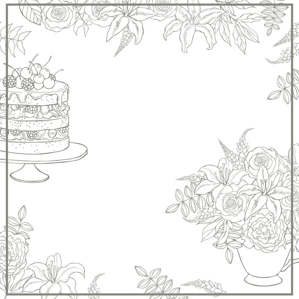 Handgezeichneter Kuchen Und Blumen Vektorhintergrund Skizzenillustration — Stockvektor