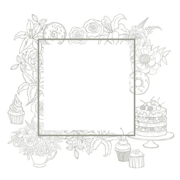 Handgezeichnete Kuchen Und Blumen Vektorrahmen Skizzenillustration — Stockvektor