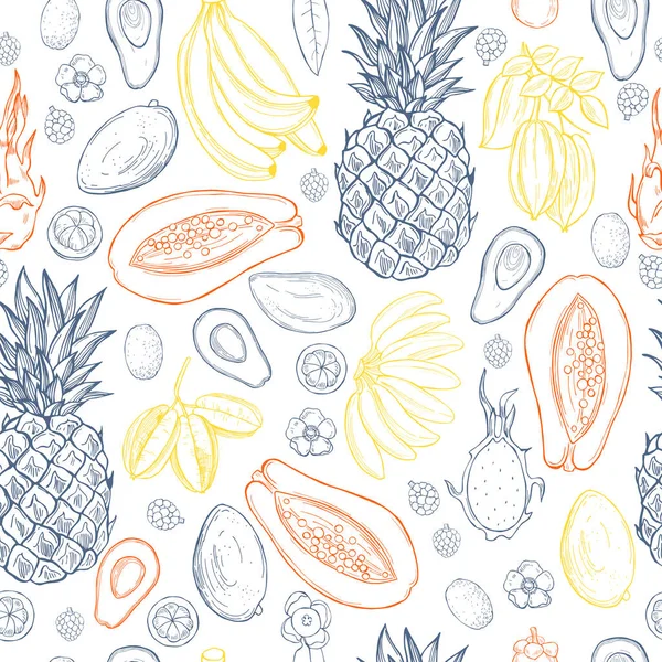 Met Hand Getekend Tropisch Fruit Witte Achtergrond Vector Naadloos Patroon — Stockvector
