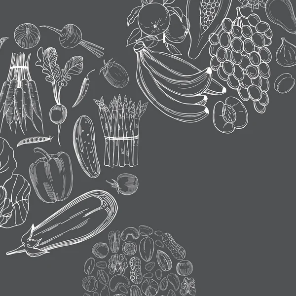 病媒背景 手绘蔬菜 水果和坚果 — 图库矢量图片
