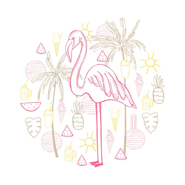 Hand Drawn Flamingos Palm Trees Circle Vector Sketch Illustration — Stock Vector