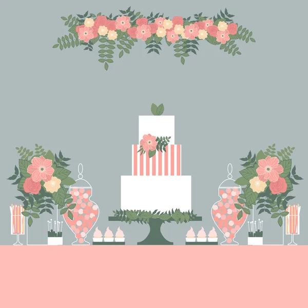 Hochzeitsschokoriegel Mit Kuchen Desserttisch Vorhanden Vektorillustration — Stockvektor