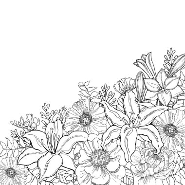 Çiçek arkaplanı. El çizimi çiçekler ve yapraklar. Çizim çizimi