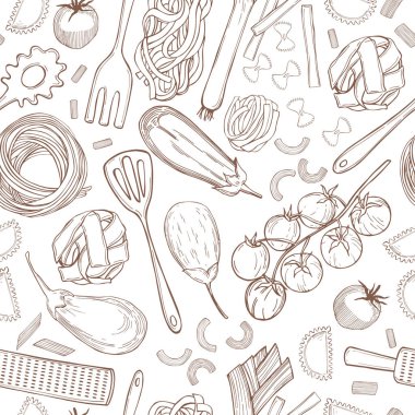 Beyaz arka planda elle çizilmiş makarna ve sebzeli vektörsüz desen. İtalyan yemeği. Çizim çizimi.