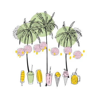 Tropik yaz. El yapımı palmiye ağaçları, kağıt fenerler ve dondurma. Vektör çizimi çizimi.