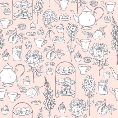 İngiliz çayı. Çaydanlık, fincanlar, pastalar ve bahçe çiçekleri. Vektörsüz desen