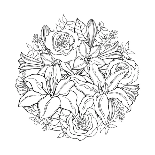 Fondo Floral Flores Hojas Dibujadas Mano Círculo Ilustración Del Boceto — Archivo Imágenes Vectoriales