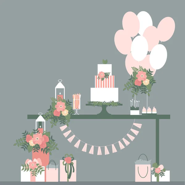 Esküvői Csoki Tortával Virágokkal Desszertasztal Vektorillusztráció — Stock Vector