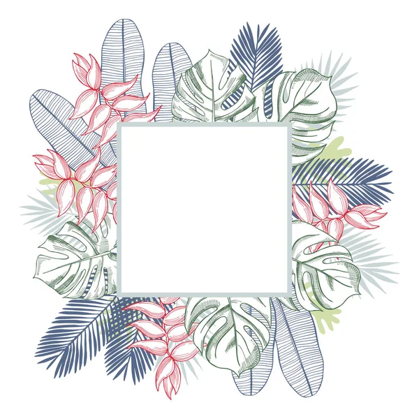 Vektorový Rám Ručně Kreslenými Tropickými Rostlinami Listy Květiny — Stockový vektor