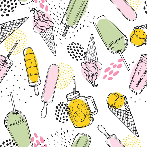 Hand Drawn Summer Drinks Lemonade Ice Cream Vector Seamless Pattern — Stock Vector