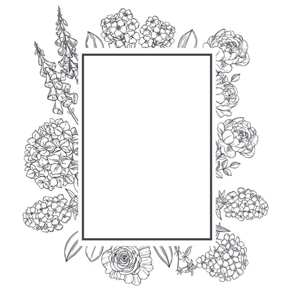 Cadre Vectoriel Avec Fleurs Jardin Dessinées Main Illustration Croquis — Image vectorielle