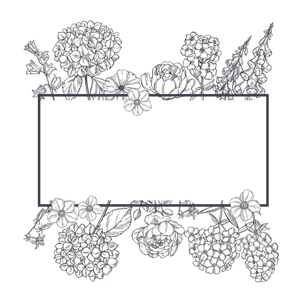 Vektorový Rám Ručně Kreslenými Zahradními Květy Obrázek Náčrtu — Stockový vektor