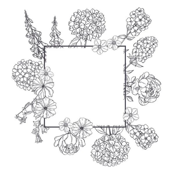 Vektorový Rám Ručně Kreslenými Zahradními Květy Obrázek Náčrtu — Stockový vektor