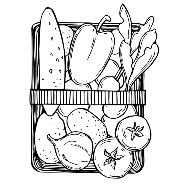 Cesta Dibujada Mano Con Verduras Dibujo Vectorial Ilustración — Vector de stock