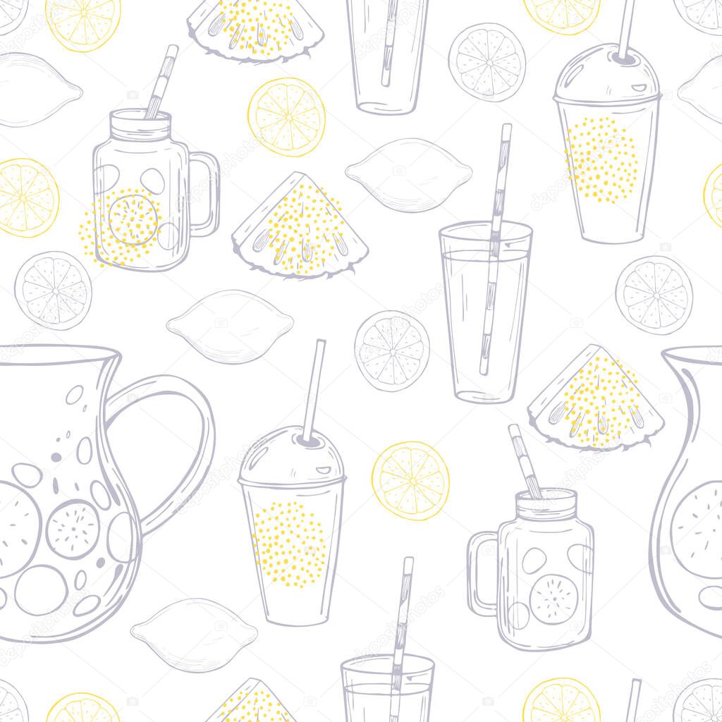Hand drawn summer drinks,  lemonade.   Vector  seamless pattern