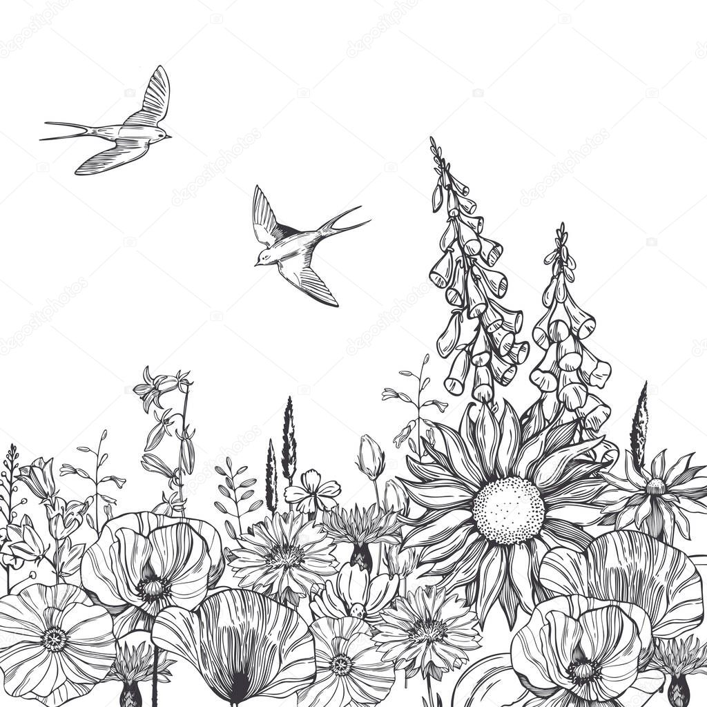 Hand drawn meadow flowers and  swallows. Vector sketch  illustration.