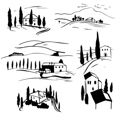 Toskana 'nın elle çizilmiş manzaraları. Vektör çizimi çizimi.