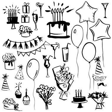 El çizimi doğum günü seti. Vektör çizimi çizimi.