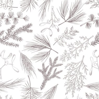 Elle çizilmiş Noel bitkileriyle kusursuz bir desen.