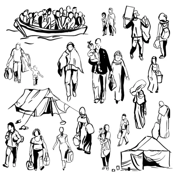 Vluchtelingen Vector Schets Illustratie — Stockvector