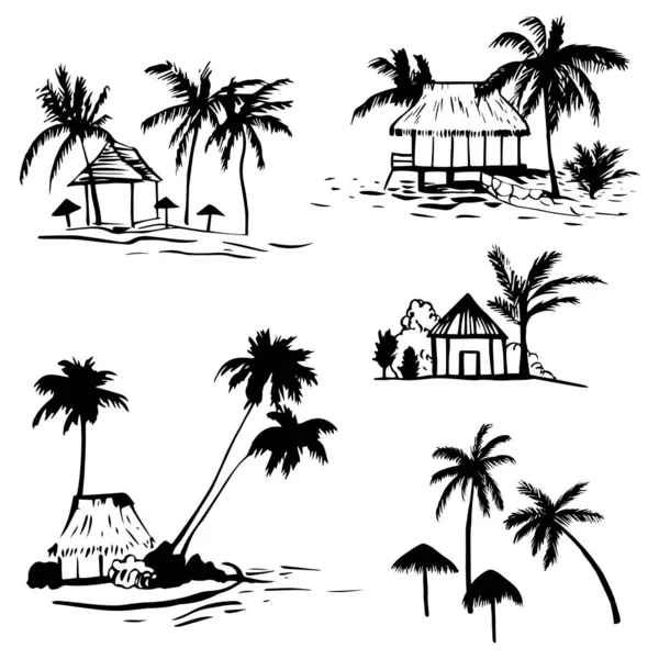 Bungalow Dessiné Main Avec Des Palmiers Sur Côte Illustration Croquis — Image vectorielle