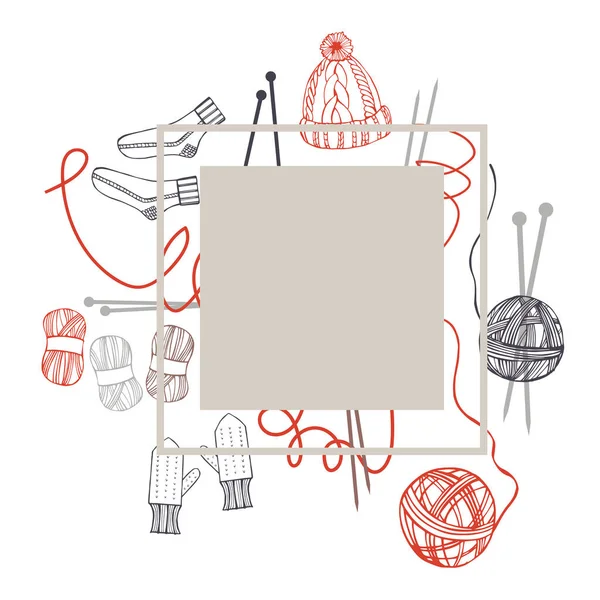 編む針および糸のための付属品 暖かいニットの服 ベクトルフレーム — ストックベクタ