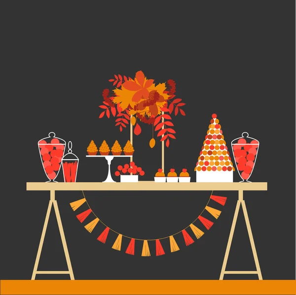 秋の甘いテーブル 結婚式のキャンディビュッフェ 誕生日デザートバー ベクターイラスト — ストックベクタ