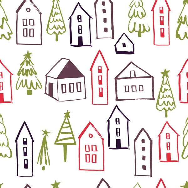 Joyeux Motif Vectoriel Noël Sans Couture Avec Des Maisons Dessinées — Image vectorielle