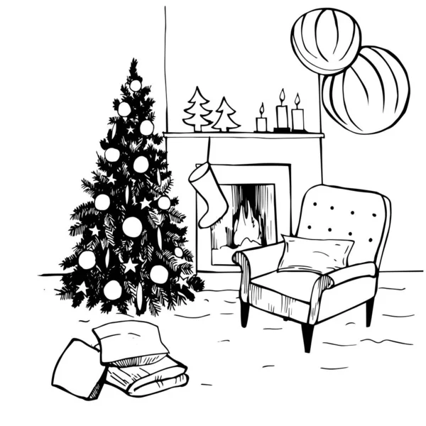 Hand Drawn Christmas Living Room Vector Sketch Illustration — Stock Vector