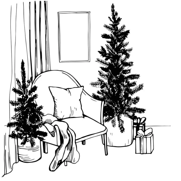 Sala Estar Natal Desenhada Mão Desenho Vetorial Ilustração — Vetor de Stock