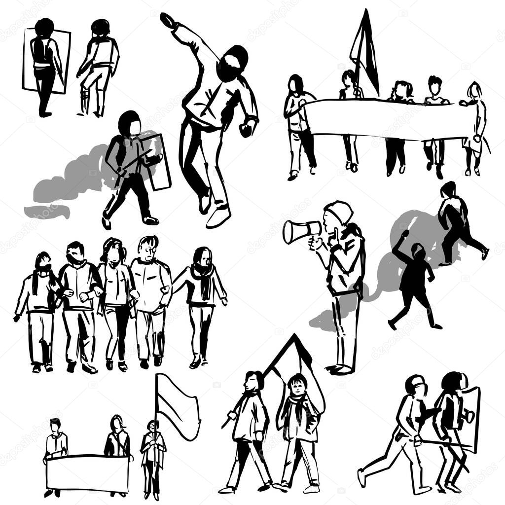 Protesters.  Vector sketch  illustration.