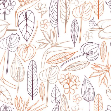 El yapımı tropikal bitkiler. Yapraklar ve çiçekler. Kusursuz bir desen.