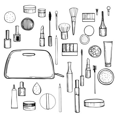 Makyaj için el çizimi makyaj malzemeleri. Vektör çizimi.