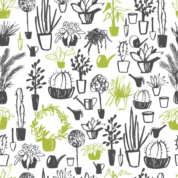 手描きの家の植物とベクトルシームレスパターン — ストックベクタ