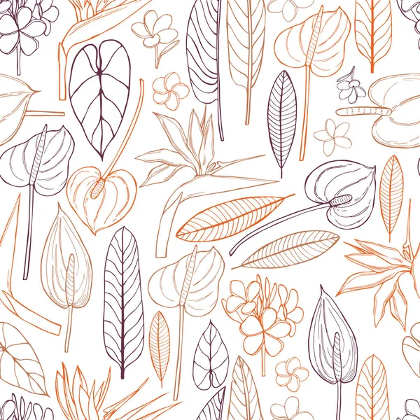 El yapımı tropikal bitkiler. Yapraklar ve çiçekler. Kusursuz bir desen.
