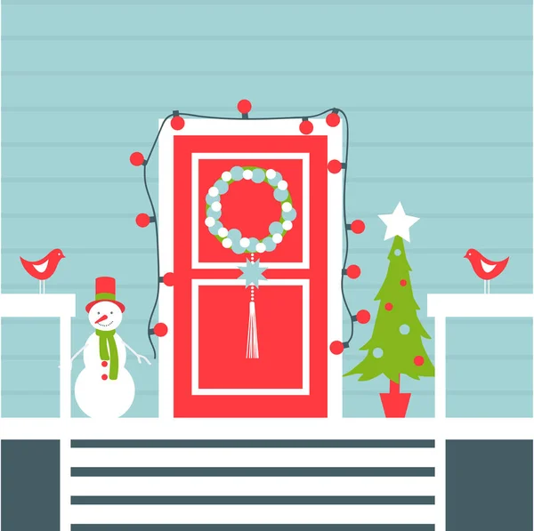 Christmas Door Christmas Tree Snowman Vector Illustration — Stock Vector